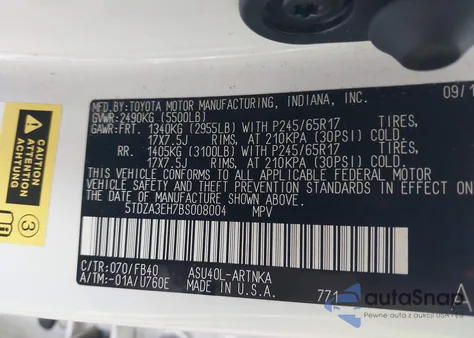 2011 Toyota Highlander z USA, uszkodzony, nr VIN 5TDZA3EH7BS008004